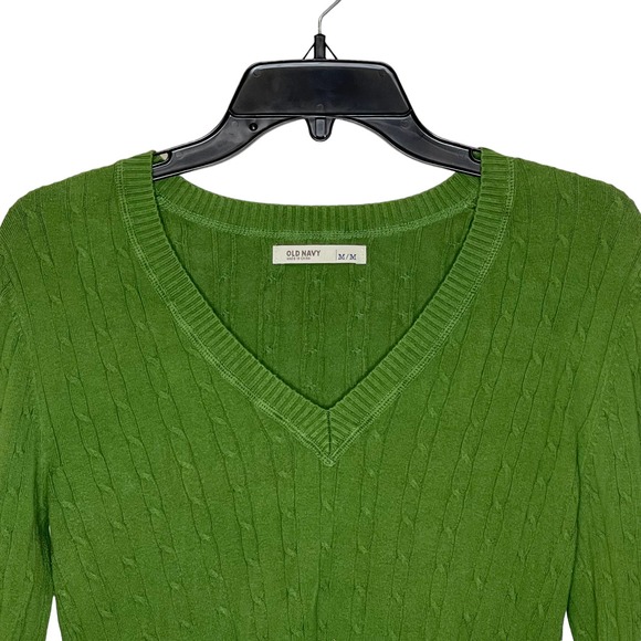 Old Navy Women Cable Knit Ribbed Long Sleeve Sweater Stretch V-Neck Medium Green - Picture 2 of 8